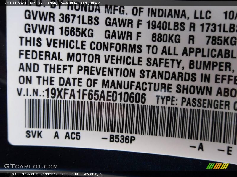 Royal Blue Pearl / Black 2010 Honda Civic LX-S Sedan