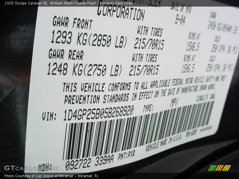 Brilliant Black Crystal Pearl / Medium Slate Gray 2005 Dodge Caravan SE
