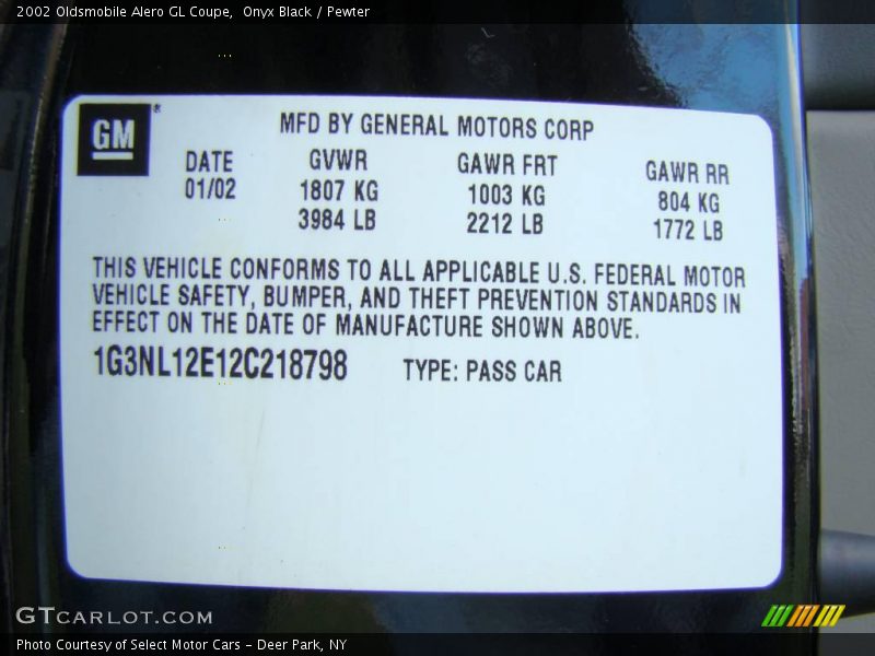 Onyx Black / Pewter 2002 Oldsmobile Alero GL Coupe