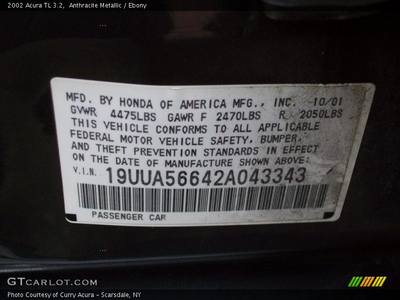 Anthracite Metallic / Ebony 2002 Acura TL 3.2