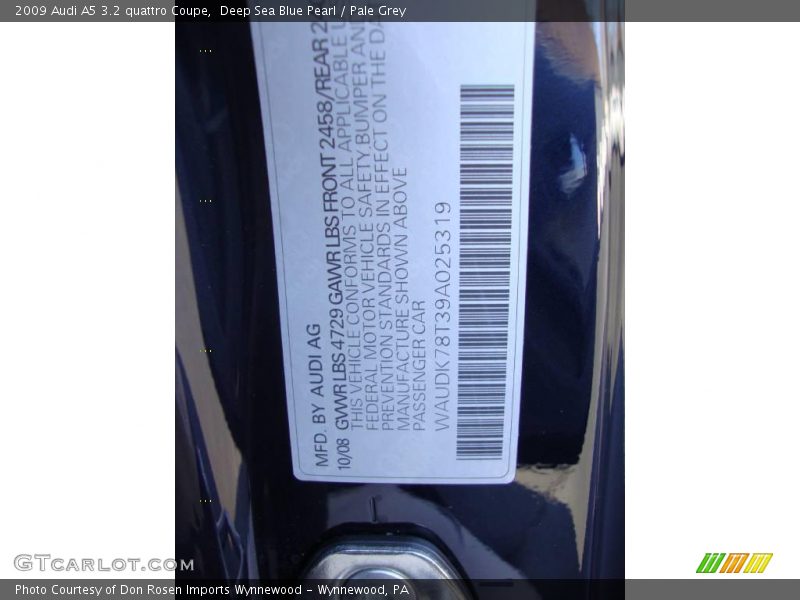 Deep Sea Blue Pearl / Pale Grey 2009 Audi A5 3.2 quattro Coupe