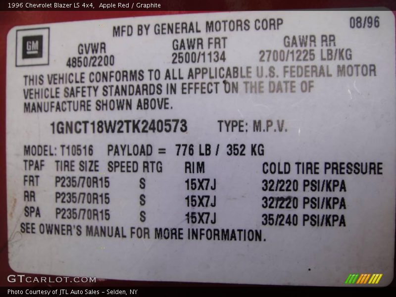 Apple Red / Graphite 1996 Chevrolet Blazer LS 4x4