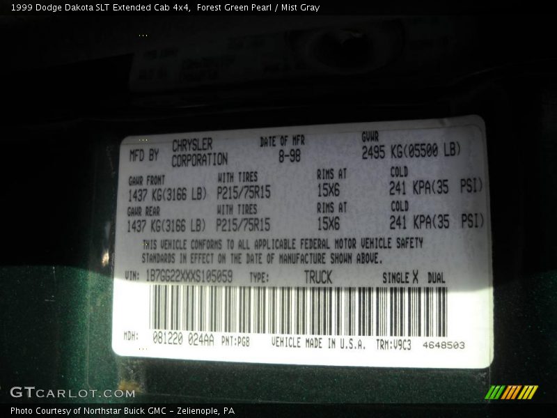 1999 Dakota SLT Extended Cab 4x4 Forest Green Pearl Color Code PGB