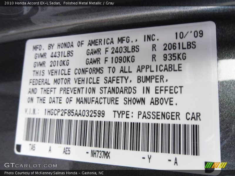 Polished Metal Metallic / Gray 2010 Honda Accord EX-L Sedan