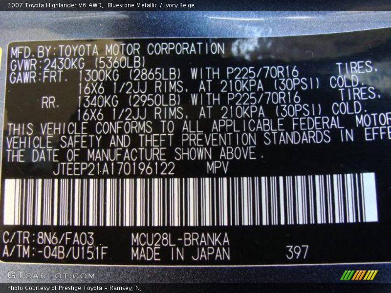 Bluestone Metallic / Ivory Beige 2007 Toyota Highlander V6 4WD