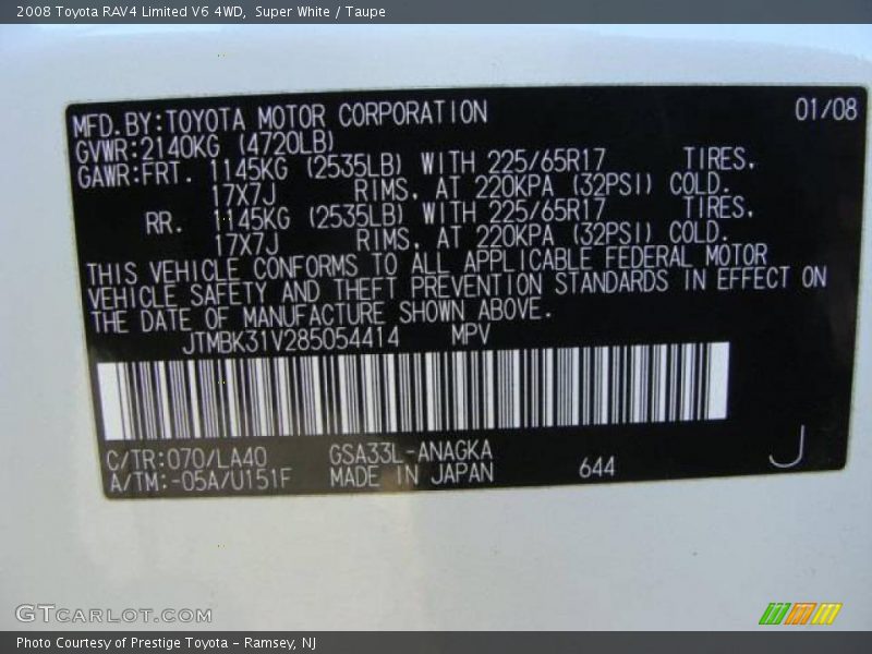 Super White / Taupe 2008 Toyota RAV4 Limited V6 4WD