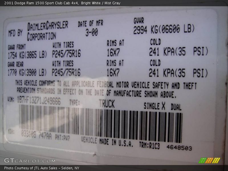 Bright White / Mist Gray 2001 Dodge Ram 1500 Sport Club Cab 4x4