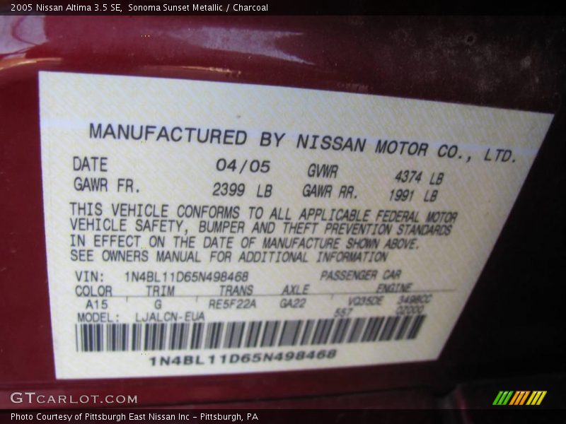 Sonoma Sunset Metallic / Charcoal 2005 Nissan Altima 3.5 SE