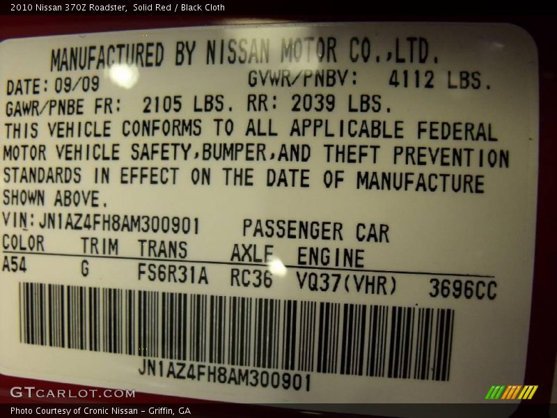 Solid Red / Black Cloth 2010 Nissan 370Z Roadster
