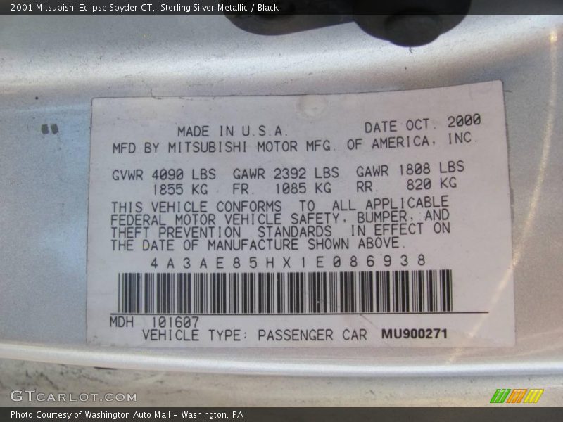 Sterling Silver Metallic / Black 2001 Mitsubishi Eclipse Spyder GT