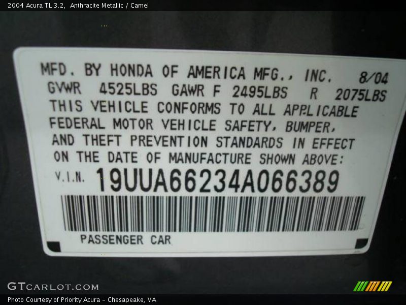 Anthracite Metallic / Camel 2004 Acura TL 3.2