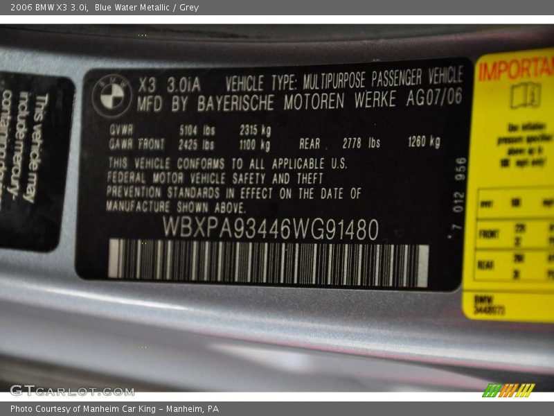 Blue Water Metallic / Grey 2006 BMW X3 3.0i