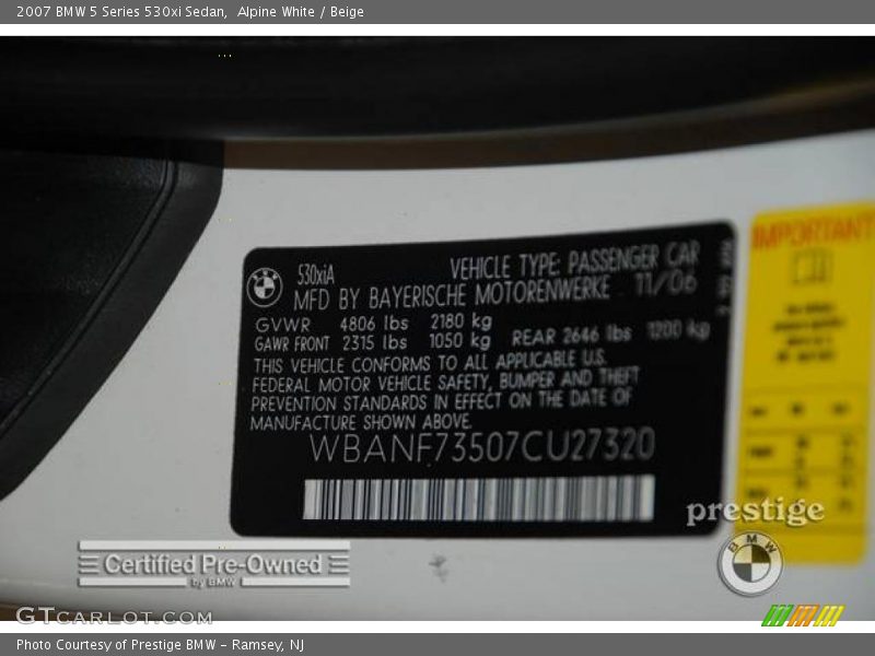 Alpine White / Beige 2007 BMW 5 Series 530xi Sedan