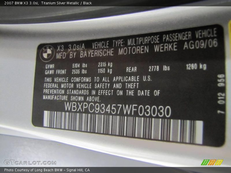 Titanium Silver Metallic / Black 2007 BMW X3 3.0si
