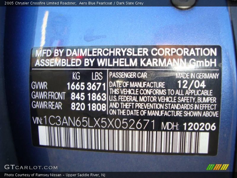 Info Tag of 2005 Crossfire Limited Roadster