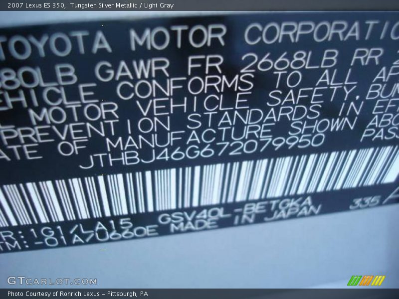 Tungsten Silver Metallic / Light Gray 2007 Lexus ES 350