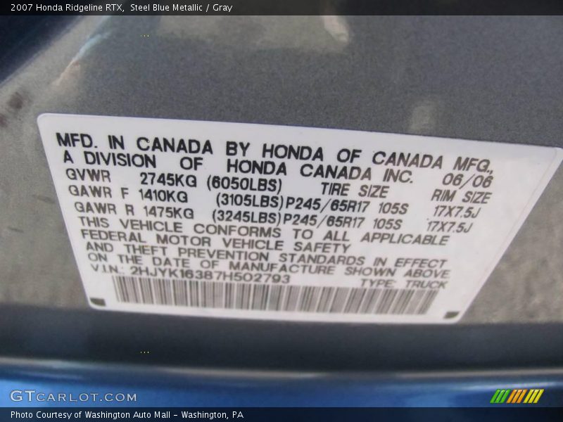 Steel Blue Metallic / Gray 2007 Honda Ridgeline RTX