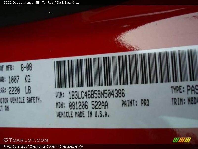 Tor Red / Dark Slate Gray 2009 Dodge Avenger SE