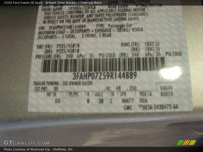 Brilliant Silver Metallic / Charcoal Black 2009 Ford Fusion SE Sport