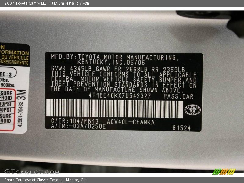 Titanium Metallic / Ash 2007 Toyota Camry LE