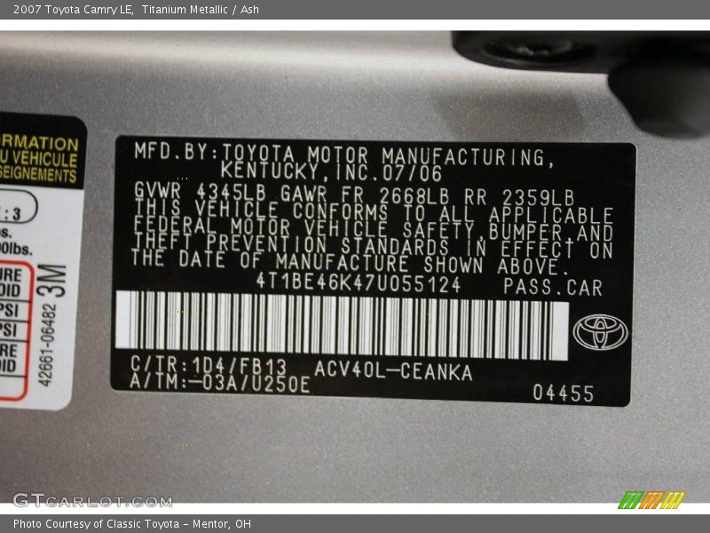 Titanium Metallic / Ash 2007 Toyota Camry LE