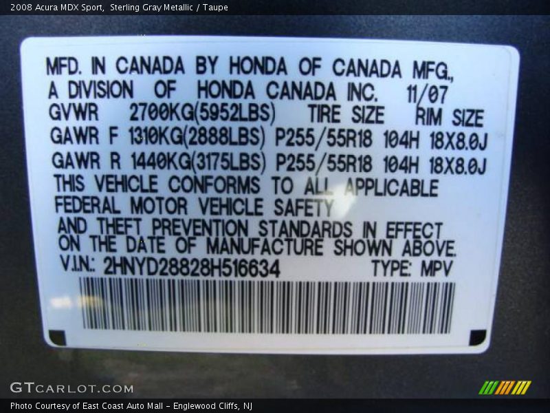 Sterling Gray Metallic / Taupe 2008 Acura MDX Sport
