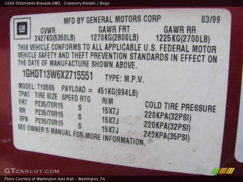 Cranberry Metallic / Beige 1999 Oldsmobile Bravada AWD