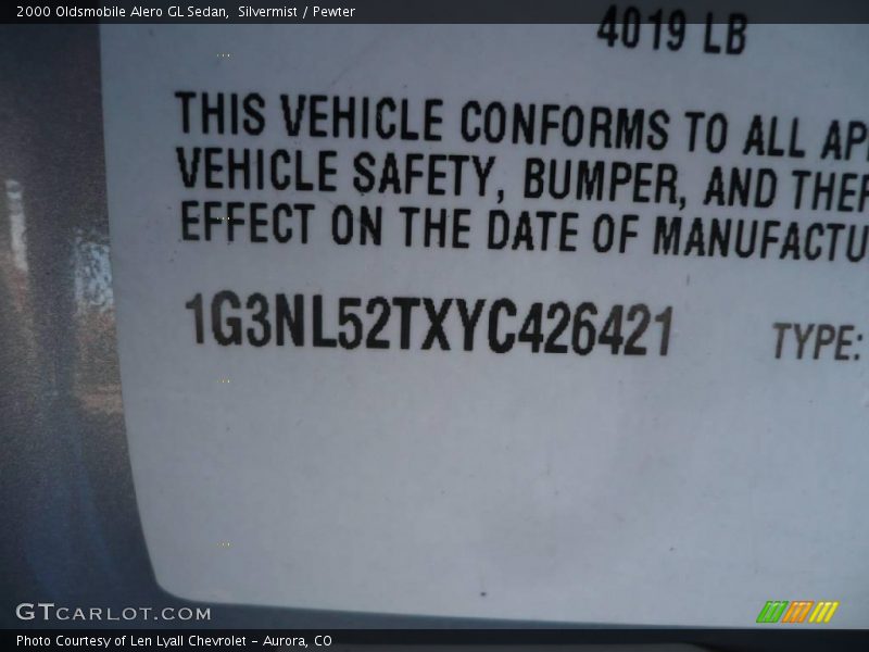 Silvermist / Pewter 2000 Oldsmobile Alero GL Sedan