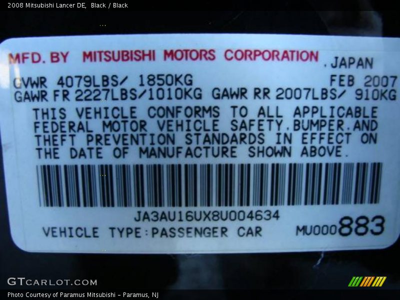 Black / Black 2008 Mitsubishi Lancer DE
