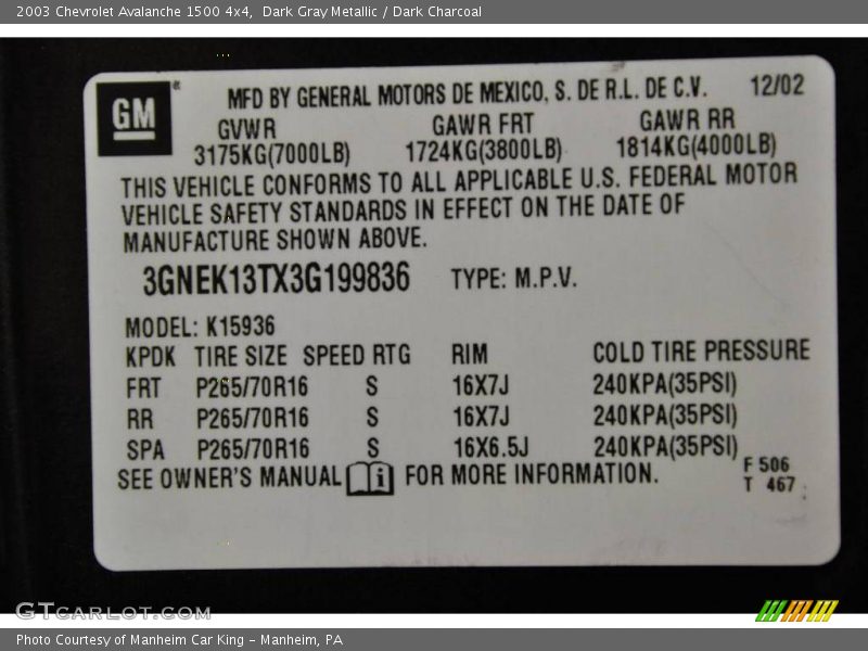 Dark Gray Metallic / Dark Charcoal 2003 Chevrolet Avalanche 1500 4x4