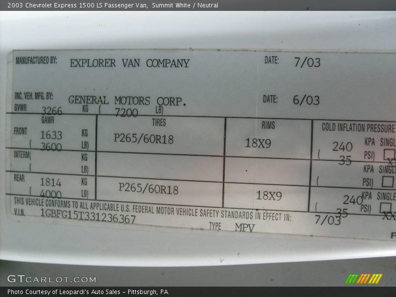 Summit White / Neutral 2003 Chevrolet Express 1500 LS Passenger Van