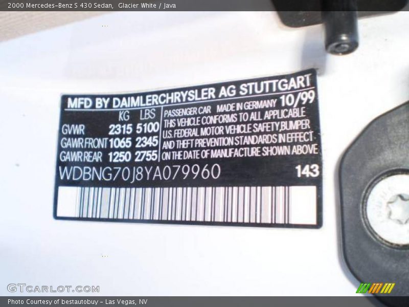 Glacier White / Java 2000 Mercedes-Benz S 430 Sedan