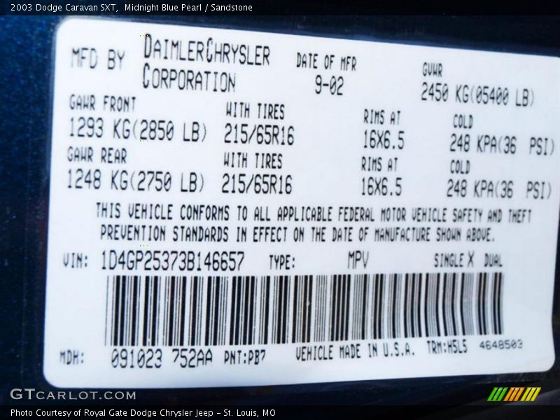 2003 Caravan SXT Midnight Blue Pearl Color Code PB7