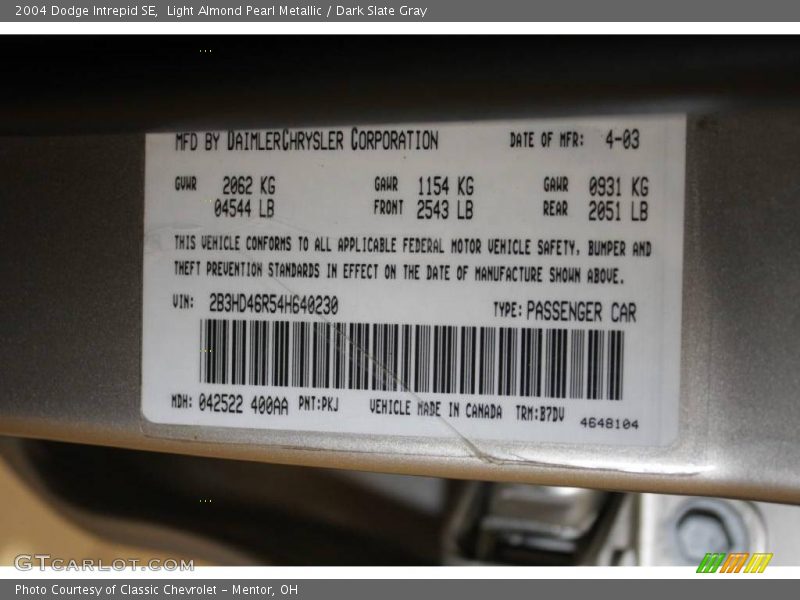 Light Almond Pearl Metallic / Dark Slate Gray 2004 Dodge Intrepid SE