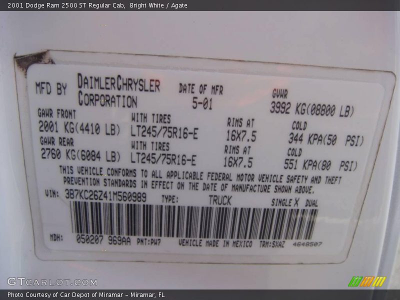 Bright White / Agate 2001 Dodge Ram 2500 ST Regular Cab