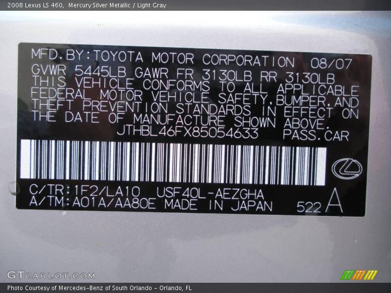 Mercury Silver Metallic / Light Gray 2008 Lexus LS 460