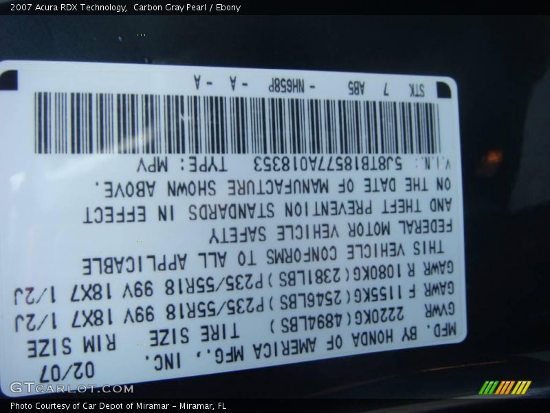 Carbon Gray Pearl / Ebony 2007 Acura RDX Technology