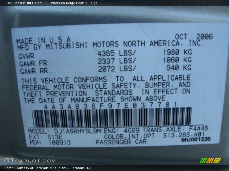 Platinum Beige Pearl / Beige 2007 Mitsubishi Galant ES