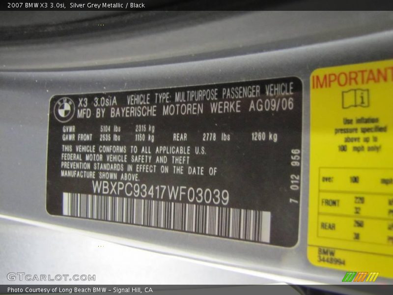 Silver Grey Metallic / Black 2007 BMW X3 3.0si