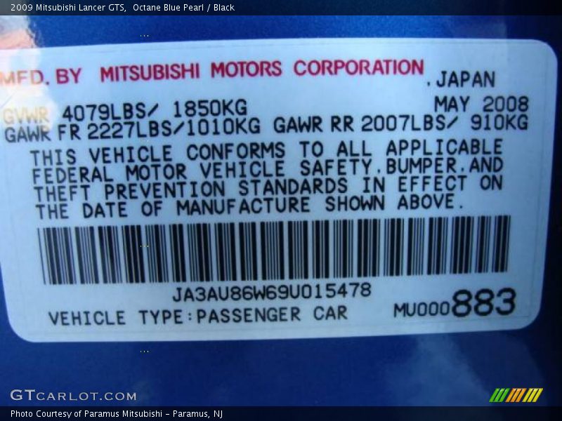 Octane Blue Pearl / Black 2009 Mitsubishi Lancer GTS