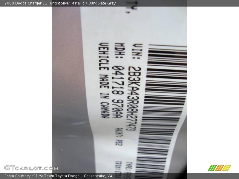 Bright Silver Metallic / Dark Slate Gray 2008 Dodge Charger SE