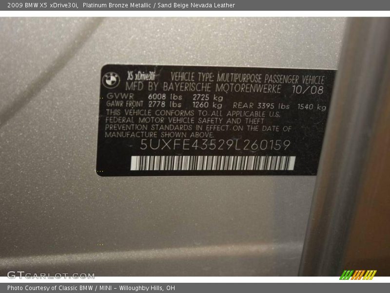 Platinum Bronze Metallic / Sand Beige Nevada Leather 2009 BMW X5 xDrive30i