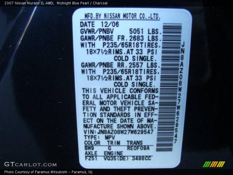 Midnight Blue Pearl / Charcoal 2007 Nissan Murano SL AWD