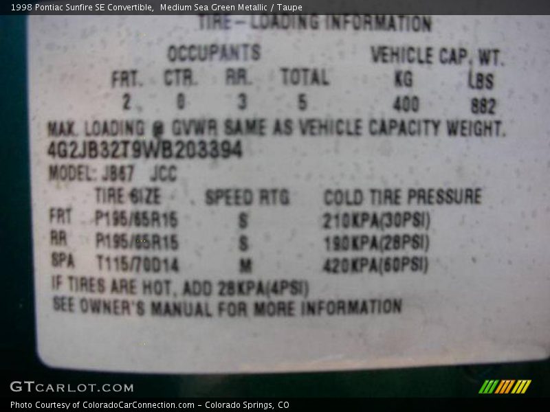 Medium Sea Green Metallic / Taupe 1998 Pontiac Sunfire SE Convertible