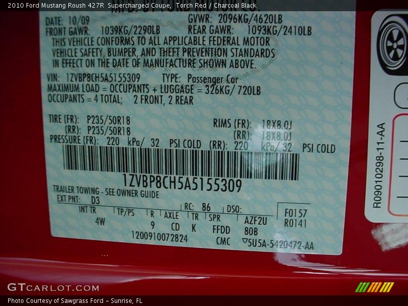 Torch Red / Charcoal Black 2010 Ford Mustang Roush 427R  Supercharged Coupe