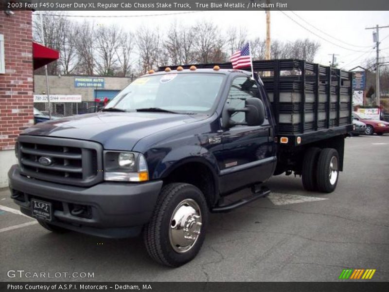 True Blue Metallic / Medium Flint 2003 Ford F450 Super Duty XL Regular Cab Chassis Stake Truck