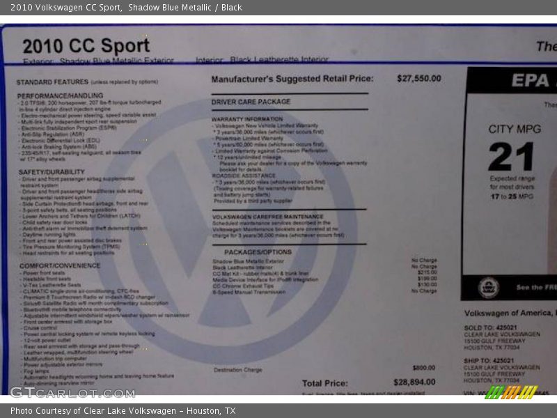 Shadow Blue Metallic / Black 2010 Volkswagen CC Sport