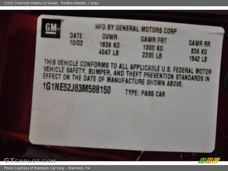 Redfire Metallic / Gray 2003 Chevrolet Malibu LS Sedan