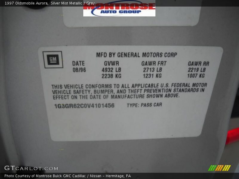 Silver Mist Metallic / Gray 1997 Oldsmobile Aurora