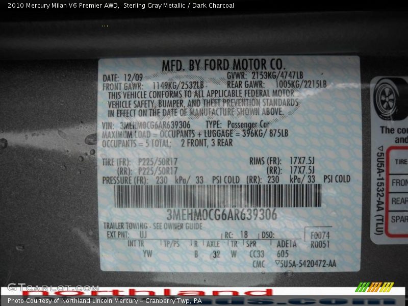 Sterling Gray Metallic / Dark Charcoal 2010 Mercury Milan V6 Premier AWD